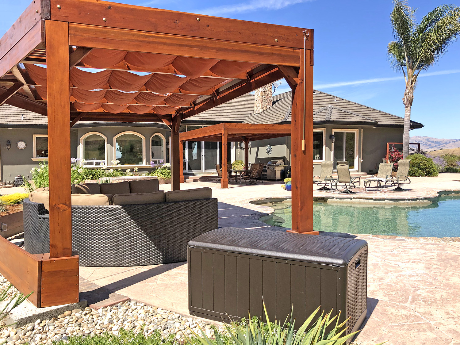 Retractable Shade Canopy Pergola Kit, Custom Made from Redwood